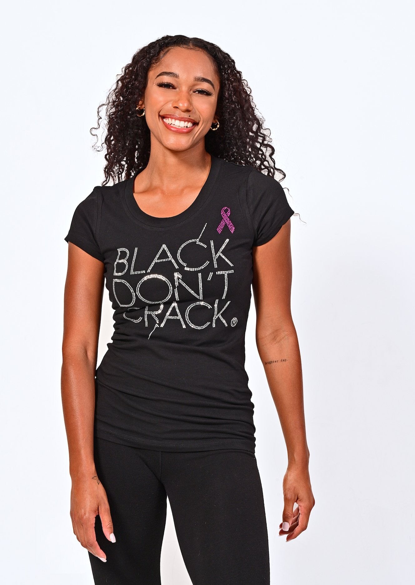 Black Don't Crack Ladies Bling Breast Cancer Awareness Short Sleeve Crew-Neck T-shirt - Black Don't Crack® 