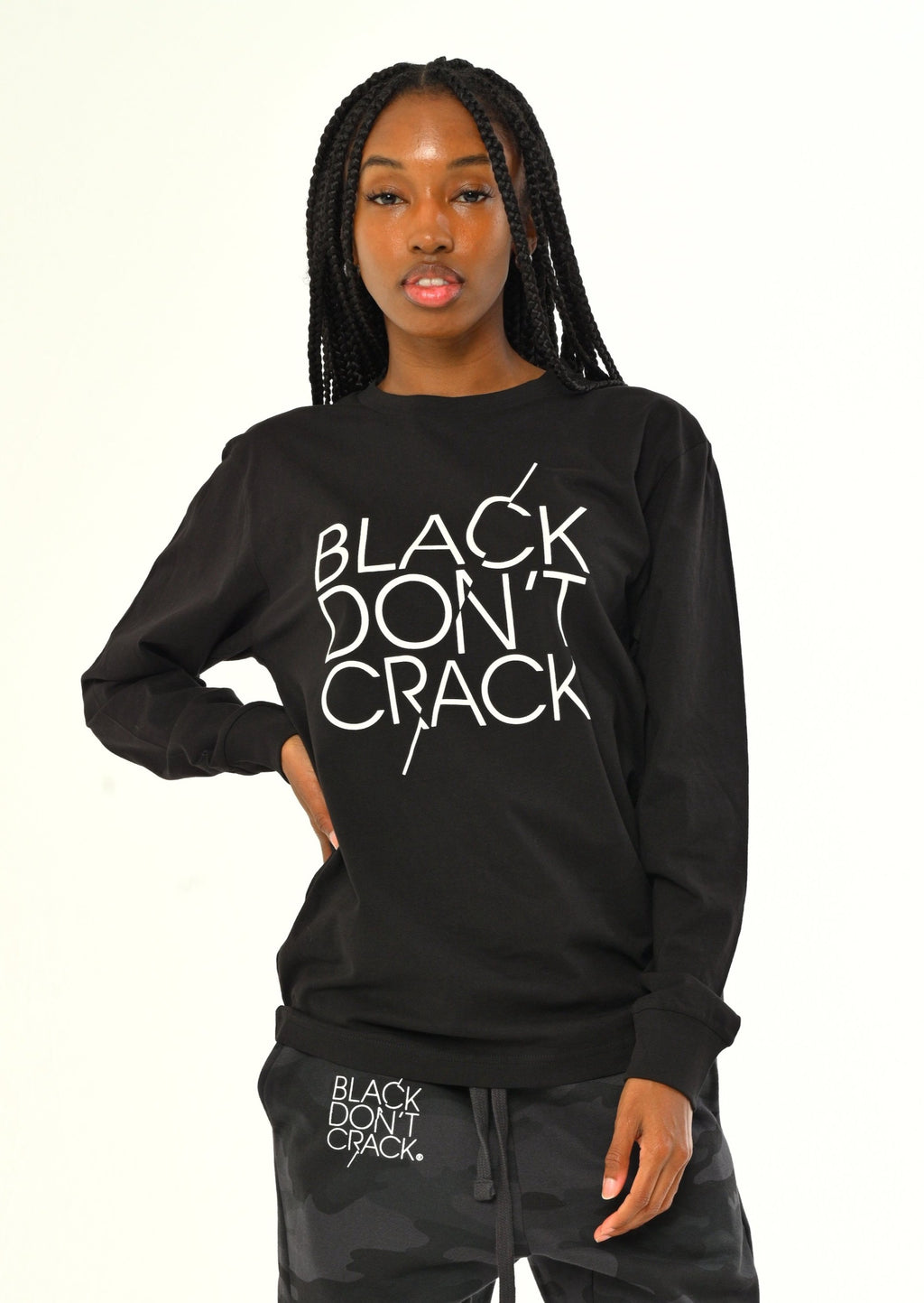 Womens Black Don't Crack Crew-Neck Long Sleeve Pullover Black T-Shirt - Black Don't Crack® 