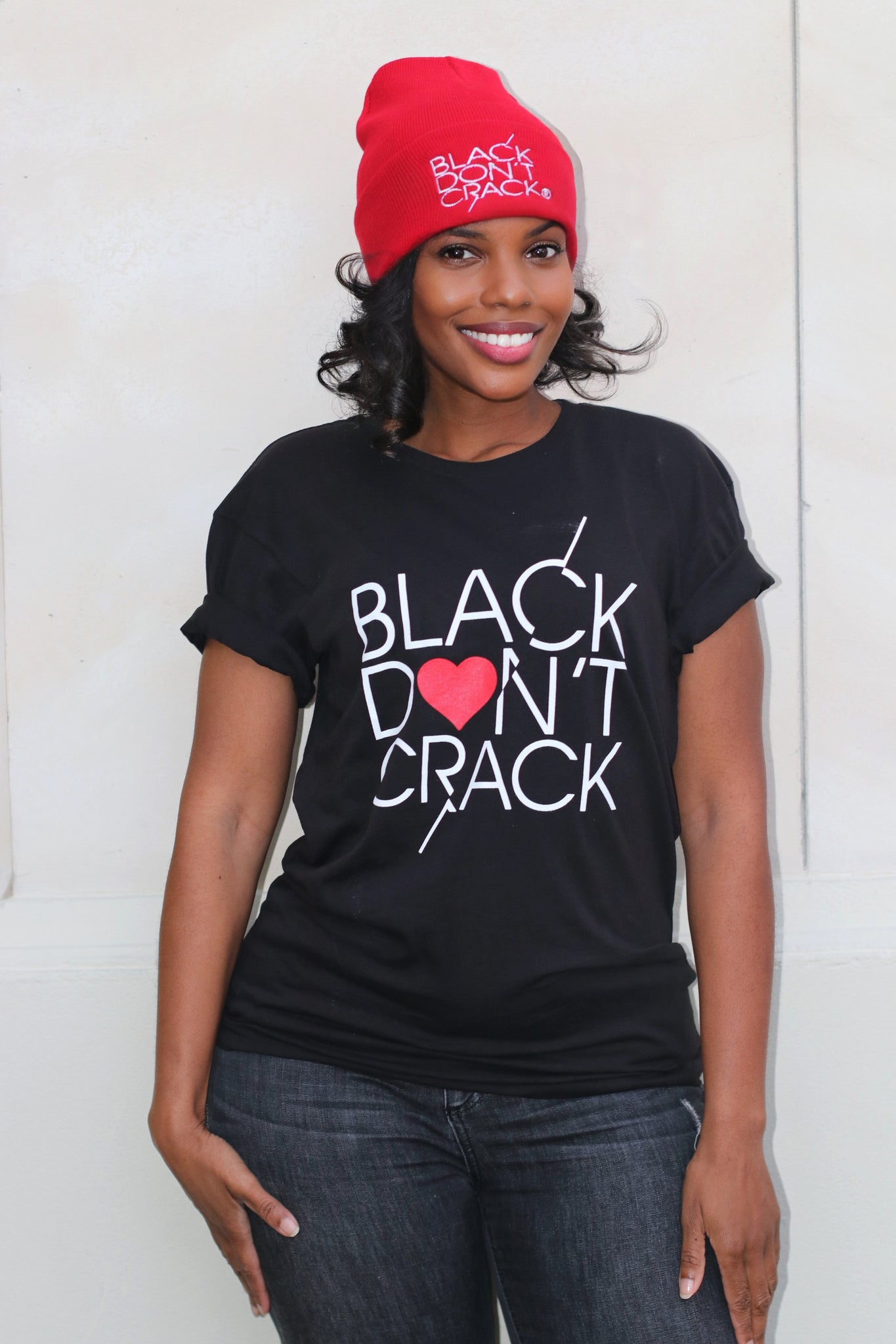 Black-Don't-Crack-Red-Roll Up-Cuff Beanie-Love Collection-Crew Neck